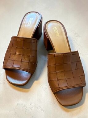 Michael Kors | Brown Woven Ingrid Leather Block Heel Mules | 7